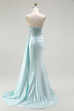 Light Green Mermaid Strapless Corset Beaded Ball Dress with Streamer
