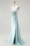Light Green Mermaid Strapless Corset Beaded Ball Dress with Streamer