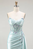 Light Green Mermaid Strapless Corset Beaded Ball Dress with Streamer