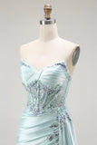 Light Green Mermaid Strapless Corset Beaded Ball Dress with Streamer