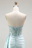 Light Green Mermaid Strapless Corset Beaded Ball Dress with Streamer
