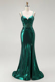 Dark Green Mermaid Metallic Pleated Corset Ball Dress with Slit