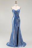 Mermaid Corset Sequins Sweetheart Beaded Blue Ball Dress With Slit