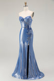 Mermaid Corset Sequins Sweetheart Beaded Blue Ball Dress With Slit