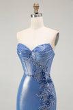 Mermaid Corset Sequins Sweetheart Beaded Blue Ball Dress With Slit