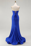 Royal Blue Mermaid Strapless Lace Up Back Beaded Ball Dress with Slit