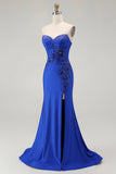 Royal Blue Mermaid Strapless Lace Up Back Beaded Ball Dress with Slit