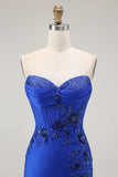 Royal Blue Mermaid Strapless Lace Up Back Beaded Ball Dress with Slit