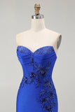 Royal Blue Mermaid Strapless Lace Up Back Beaded Ball Dress with Slit