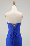 Royal Blue Mermaid Strapless Lace Up Back Beaded Ball Dress with Slit