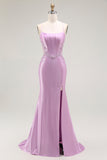 Purple Mermaid Spaghetti Straps Corset Long Ball Dress with Slit