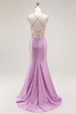 Purple Mermaid Spaghetti Straps Corset Long Ball Dress with Slit