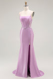 Purple Mermaid Spaghetti Straps Corset Long Ball Dress with Slit