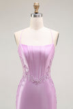 Purple Mermaid Spaghetti Straps Corset Long Ball Dress with Slit