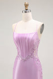 Purple Mermaid Spaghetti Straps Corset Long Ball Dress with Slit