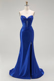 Royal Blue Mermaid Beaded Strapless Corset Long Ball Dress with Slit
