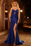 Royal Blue Mermaid Beaded Strapless Corset Long Ball Dress with Slit