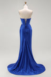 Royal Blue Mermaid Beaded Strapless Corset Long Ball Dress with Slit