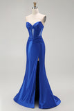 Royal Blue Mermaid Strapless Beaded Corset Ball Dress with Slit