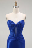 Royal Blue Mermaid Strapless Beaded Corset Ball Dress with Slit