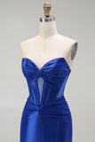 Royal Blue Mermaid Strapless Beaded Corset Ball Dress with Slit