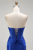 Royal Blue Mermaid Strapless Beaded Corset Ball Dress with Slit