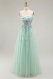 Green A-Line Strapless Tulle Sheer Corset Long Ball Dress with Appliques