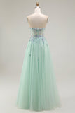 Green A-Line Strapless Tulle Sheer Corset Long Ball Dress with Appliques