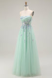 Green A-Line Strapless Tulle Sheer Corset Long Ball Dress with Appliques