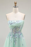 Green A-Line Strapless Tulle Sheer Corset Long Ball Dress with Appliques