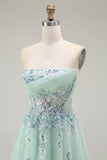 Green A-Line Strapless Tulle Sheer Corset Long Ball Dress with Appliques
