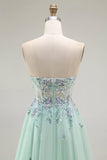 Green A-Line Strapless Tulle Sheer Corset Long Ball Dress with Appliques