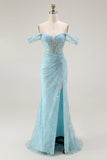 Blue Mermaid Off The Shoulder Beaded Long Ball Dress with Slit