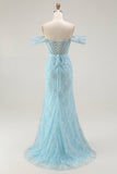 Blue Mermaid Off The Shoulder Beaded Long Ball Dress with Slit