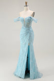 Blue Mermaid Off The Shoulder Beaded Long Ball Dress with Slit
