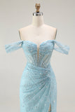Blue Mermaid Off The Shoulder Beaded Long Ball Dress with Slit