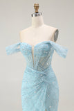 Blue Mermaid Off The Shoulder Beaded Long Ball Dress with Slit