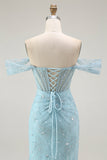 Blue Mermaid Off The Shoulder Beaded Long Ball Dress with Slit