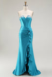 Mermaid Strapless Corset Beaded Blue Ball Dress with Ruffle Slit