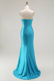 Mermaid Strapless Corset Beaded Blue Ball Dress with Ruffle Slit