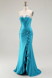 Mermaid Strapless Corset Beaded Blue Ball Dress with Ruffle Slit