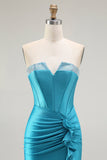 Mermaid Strapless Corset Beaded Blue Ball Dress with Ruffle Slit