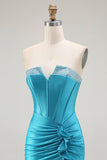 Mermaid Strapless Corset Beaded Blue Ball Dress with Ruffle Slit