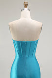 Mermaid Strapless Corset Beaded Blue Ball Dress with Ruffle Slit