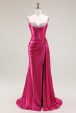 Sparkly Fuchsia Mermaid Beaded Pleated Long Ball Dress with Slit