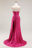 Sparkly Fuchsia Mermaid Beaded Pleated Long Ball Dress with Slit