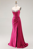 Sparkly Fuchsia Mermaid Beaded Pleated Long Ball Dress with Slit