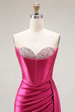 Sparkly Fuchsia Mermaid Beaded Pleated Long Ball Dress with Slit