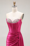 Sparkly Fuchsia Mermaid Beaded Pleated Long Ball Dress with Slit