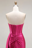 Sparkly Fuchsia Mermaid Beaded Pleated Long Ball Dress with Slit